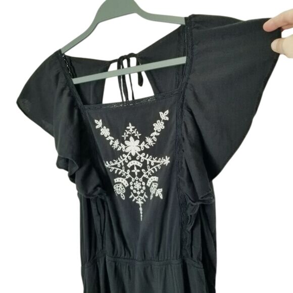 Black Old Navy Embroidered Ruffle Sleeve Cotton Rayon Dress L Pockets‎ Cottage - Picture 3 of 10